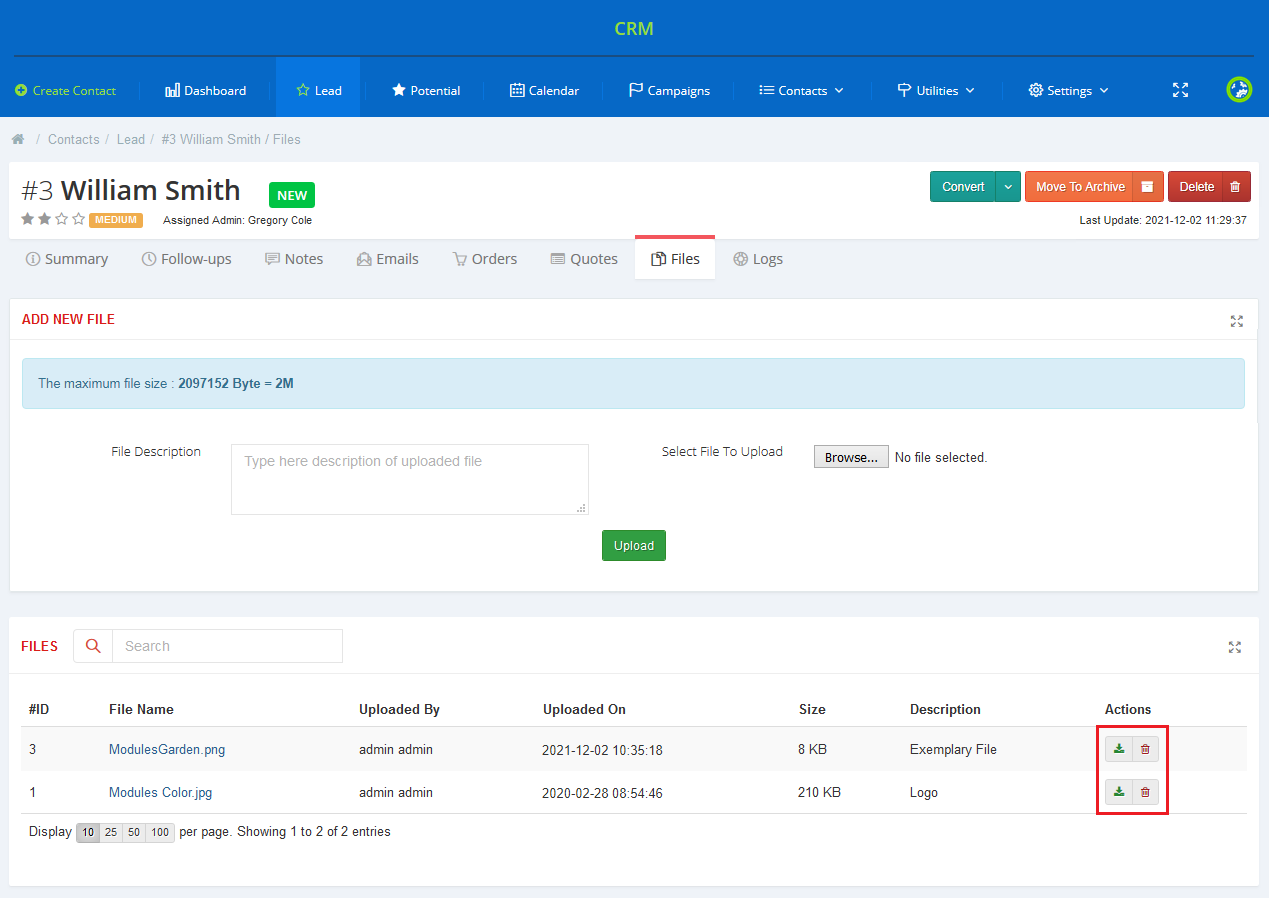 CRM For WHMCS: contact Files tab with the files list and the download and delete icons in the Actions column