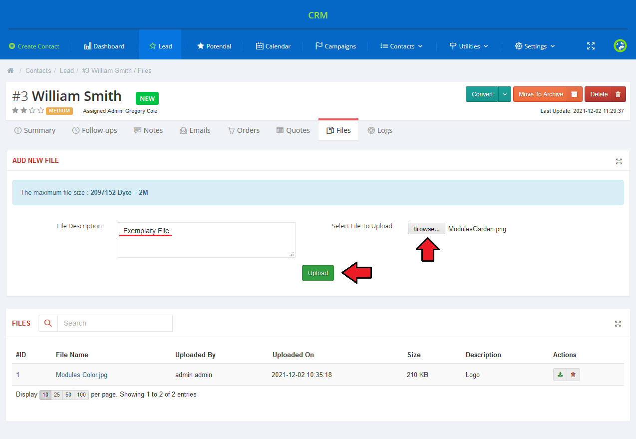 CRM For WHMCS: contact Files tab with the Add New File form, file size notice, Browse and Upload buttons