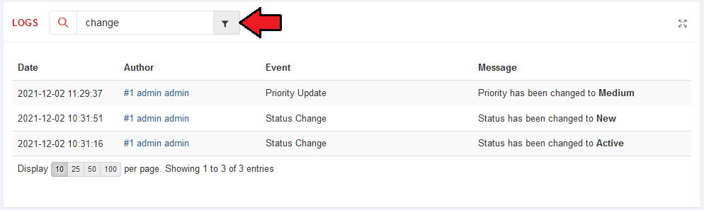 CRM For WHMCS: contact Logs tab filtered by the word change with the filter button highlighted