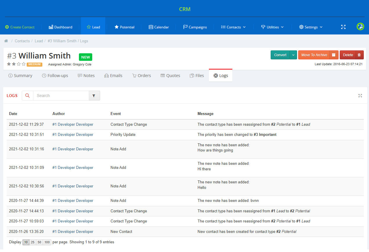 CRM For WHMCS: contact Logs tab listing the latest actions with date, author, event and message columns
