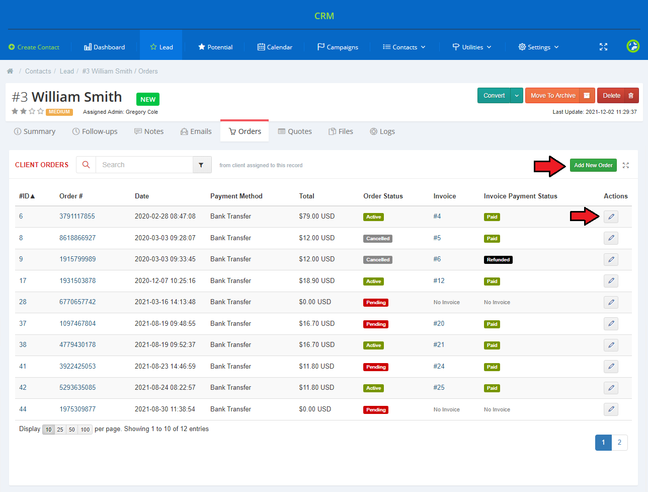 CRM For WHMCS: contact Orders tab with the client orders table, Add New Order button and edit icons