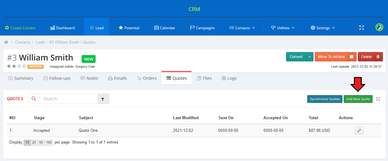 CRM For WHMCS: contact Quotes tab with the Add New Quote button highlighted above the quotes table