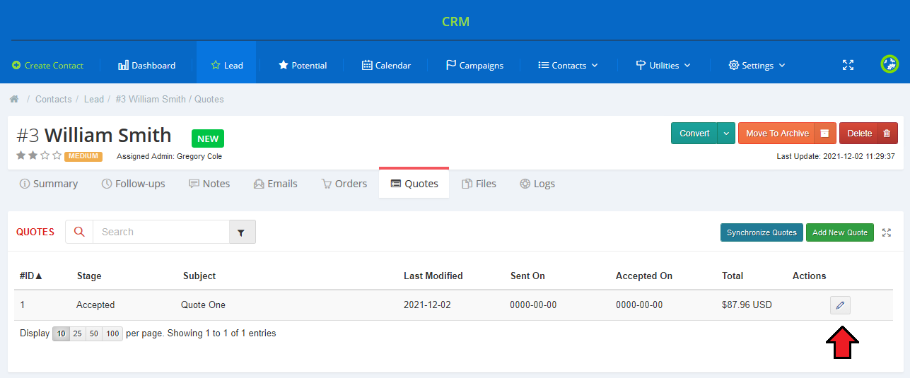 CRM For WHMCS: contact Quotes tab with a quotes table and the edit button in the Actions column