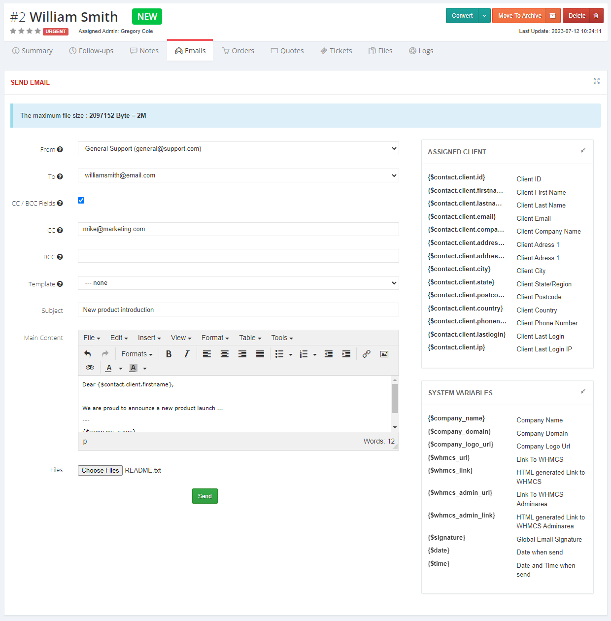 CRM For WHMCS: Send Email form on a contact page with the maximum file size notice and attachment field