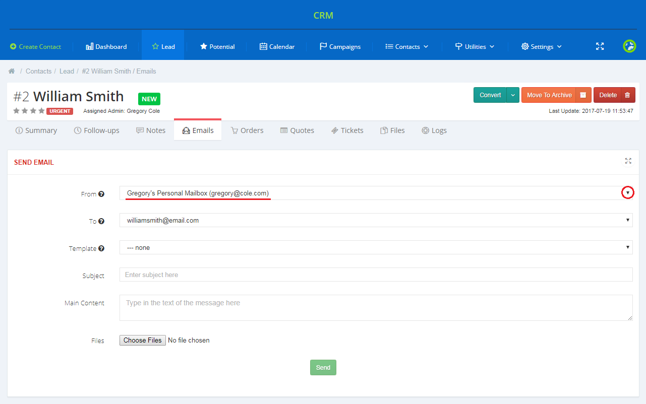 CRM For WHMCS: contact Emails tab with the Send Email form and a personal mailbox selected in the From field