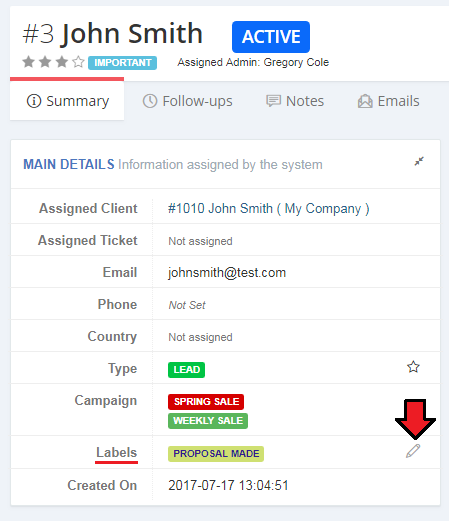 CRM For WHMCS: contact summary page with the Labels row showing an assigned label and the edit icon