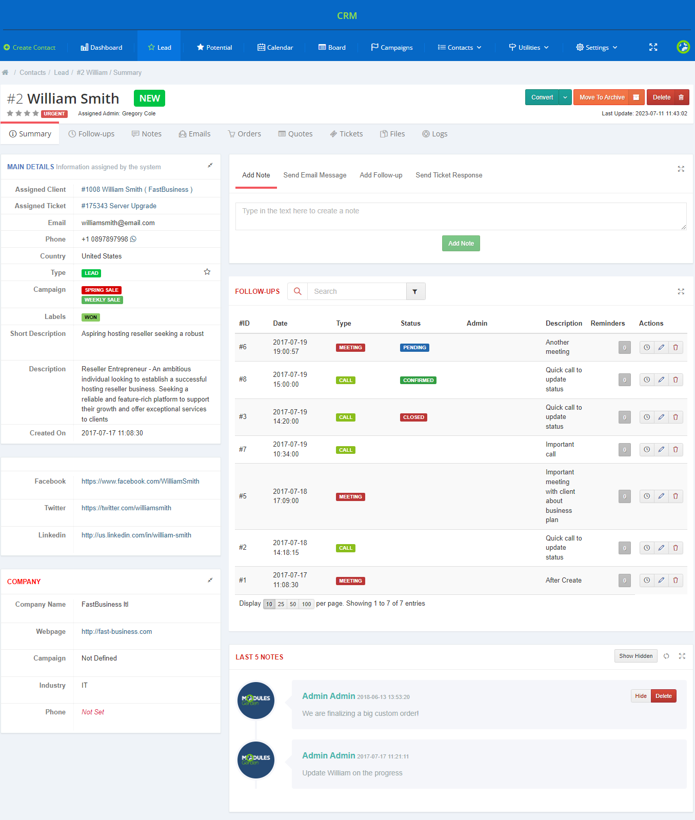 CRM For WHMCS: contact summary page of William Smith with main details, follow-ups table and last notes
