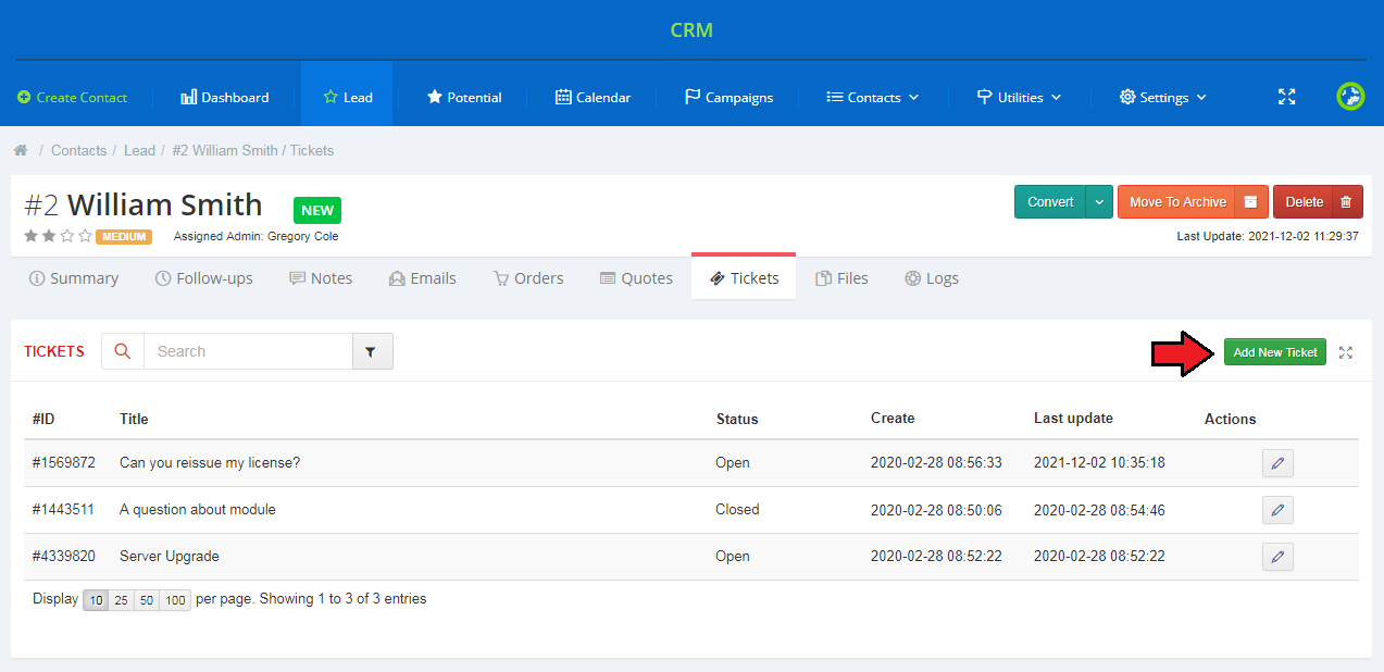 CRM For WHMCS: contact Tickets tab with the list of client tickets and the Add New Ticket button