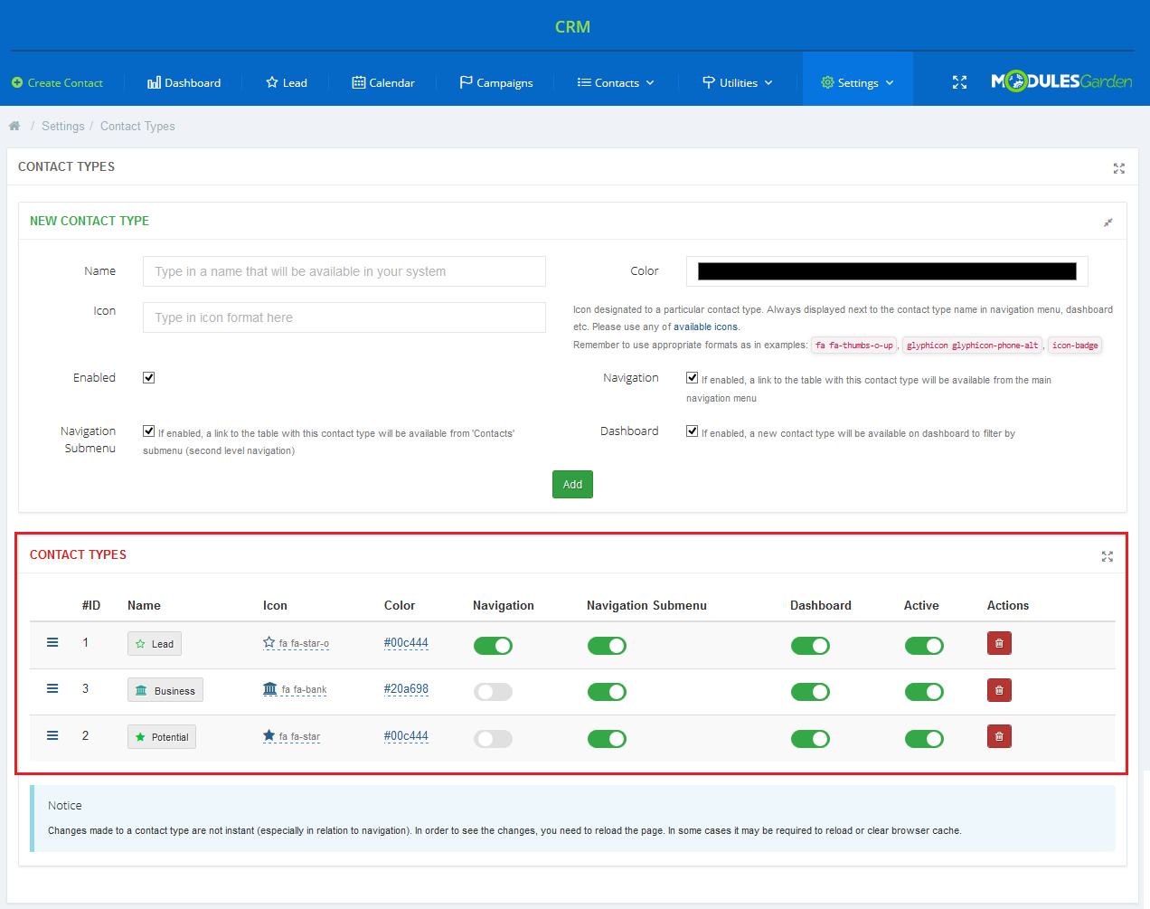 CRM For WHMCS: Contact Types list in settings showing the newly added Business type next to Lead and Potential
