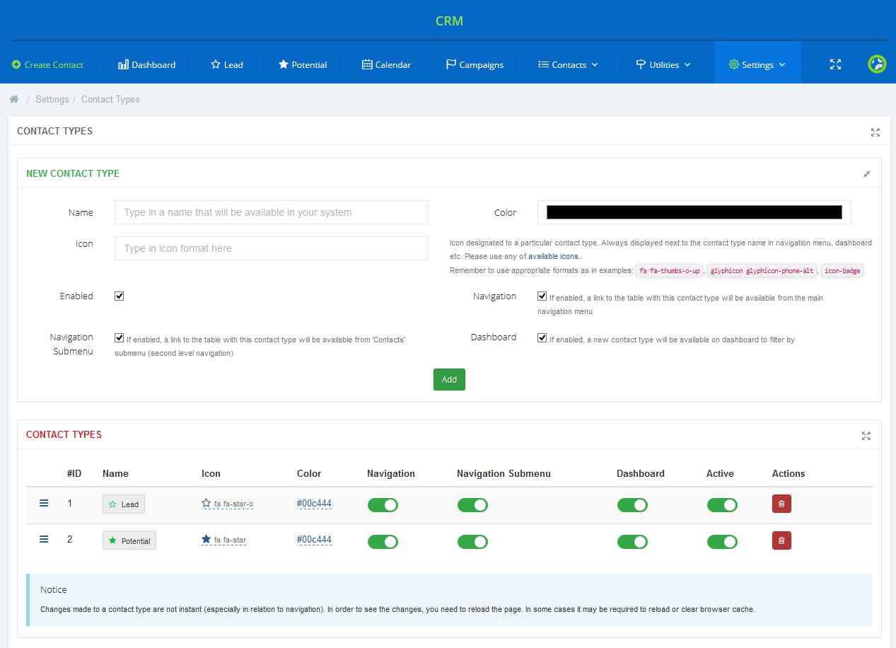 CRM For WHMCS: Contact Types settings with the New Contact Type form and the list of Lead and Potential types