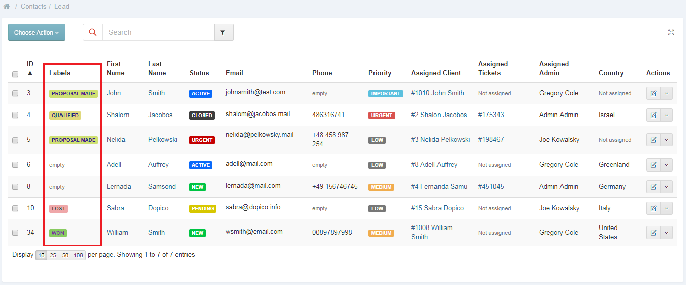CRM For WHMCS: Lead contacts list with the Labels column highlighted and label badges in each row