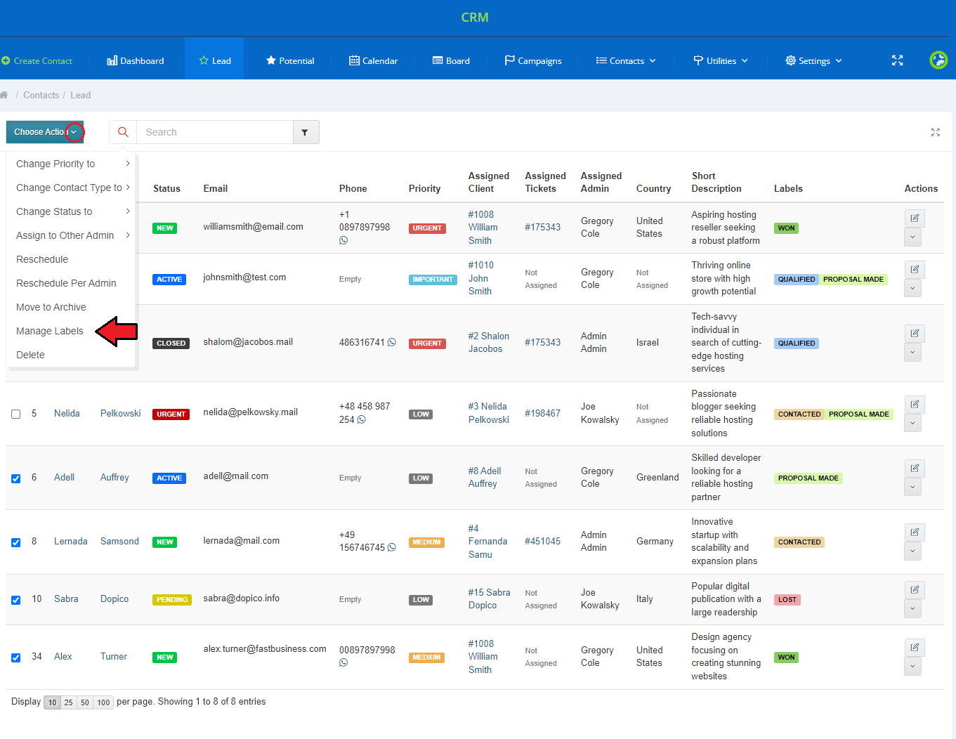 CRM For WHMCS: Lead contacts list with the Choose Action menu open and the Manage Labels option highlighted