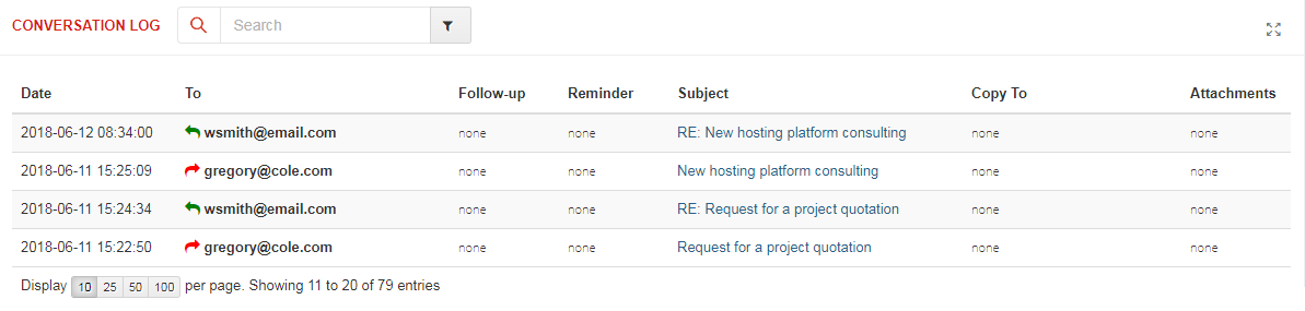 CRM For WHMCS: Conversation Log table listing sent and received emails with subjects and dates