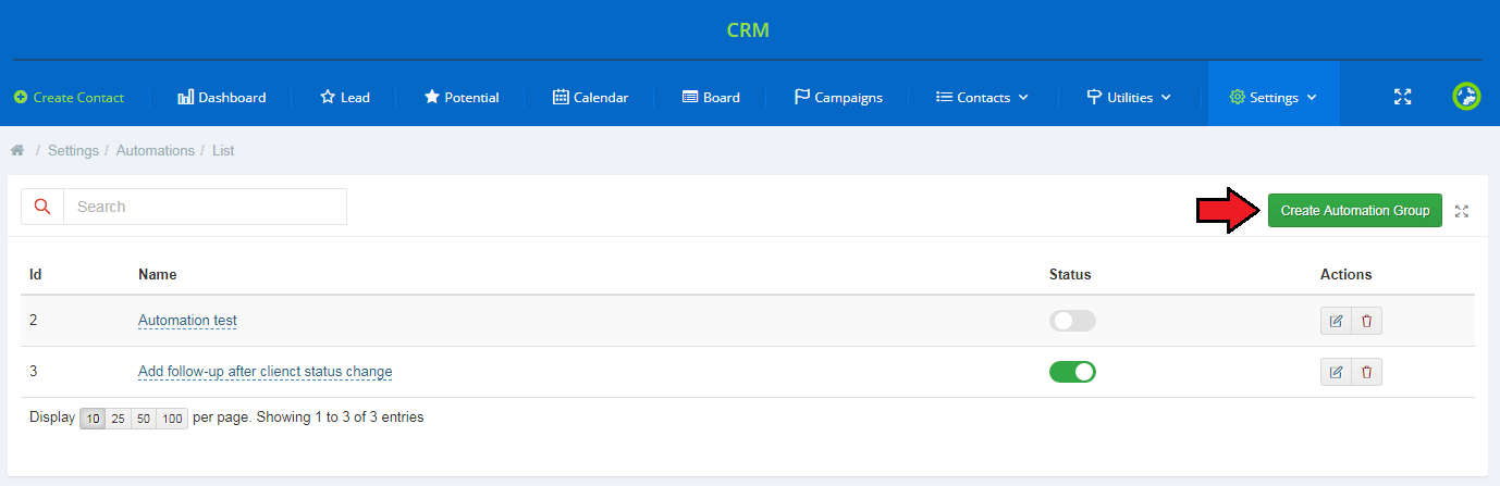 CRM For WHMCS: Automations list in settings with existing groups and the Create Automation Group button