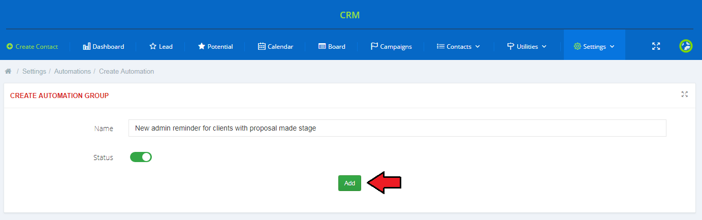 CRM For WHMCS: Create Automation Group form with the group name, enabled status switch and the Add button