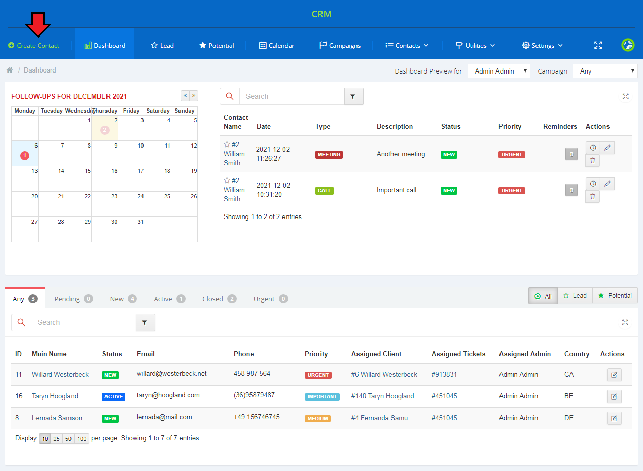 CRM For WHMCS: CRM dashboard with an arrow pointing to the Create Contact button in the top menu