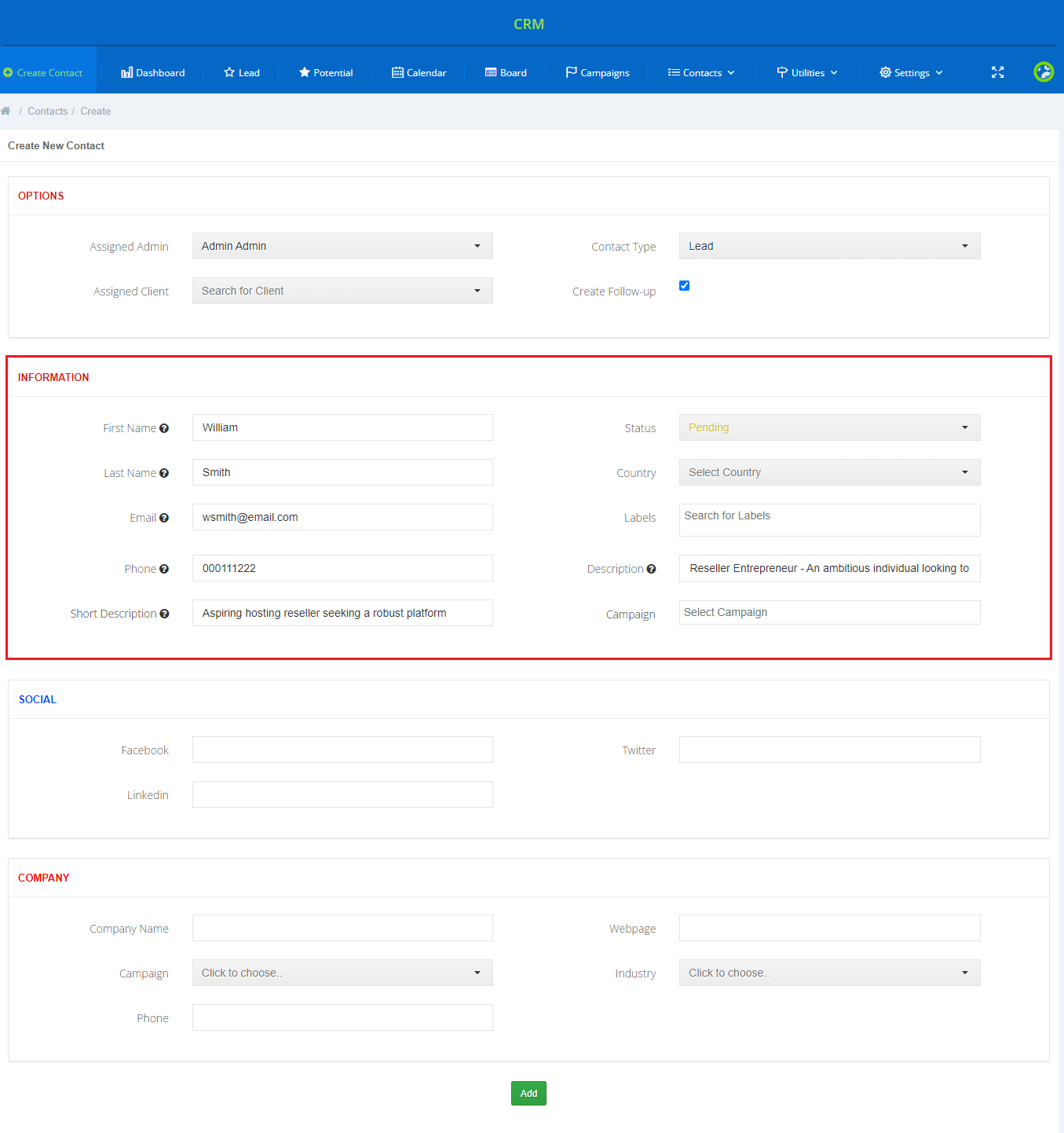 CRM For WHMCS: Create New Contact form with the Information section highlighted and the Add button below