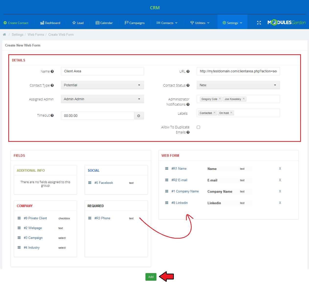CRM For WHMCS: Create New Web Form page with the Details section, available fields to drag and the Web Form box