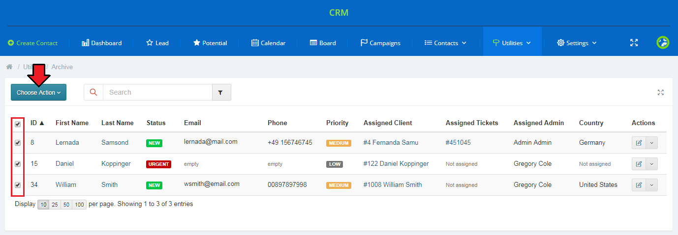 CRM For WHMCS: CRM Archive list with all contacts selected and the Choose Action menu highlighted