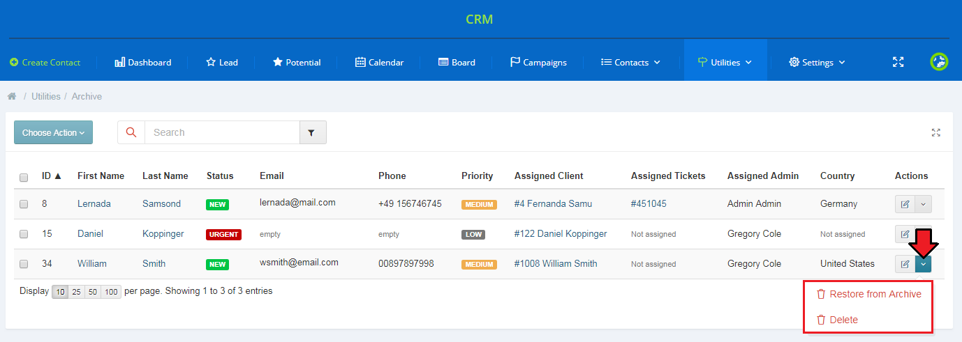 CRM For WHMCS: CRM Archive list with the row action menu showing Restore from Archive and Delete