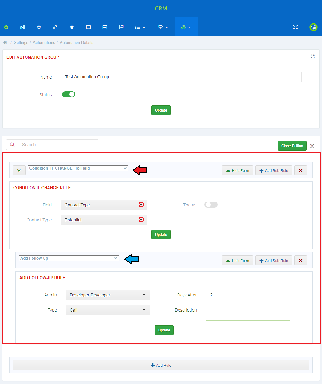 CRM For WHMCS: CRM automation group editor with an If Change condition rule and an Add Follow-up rule