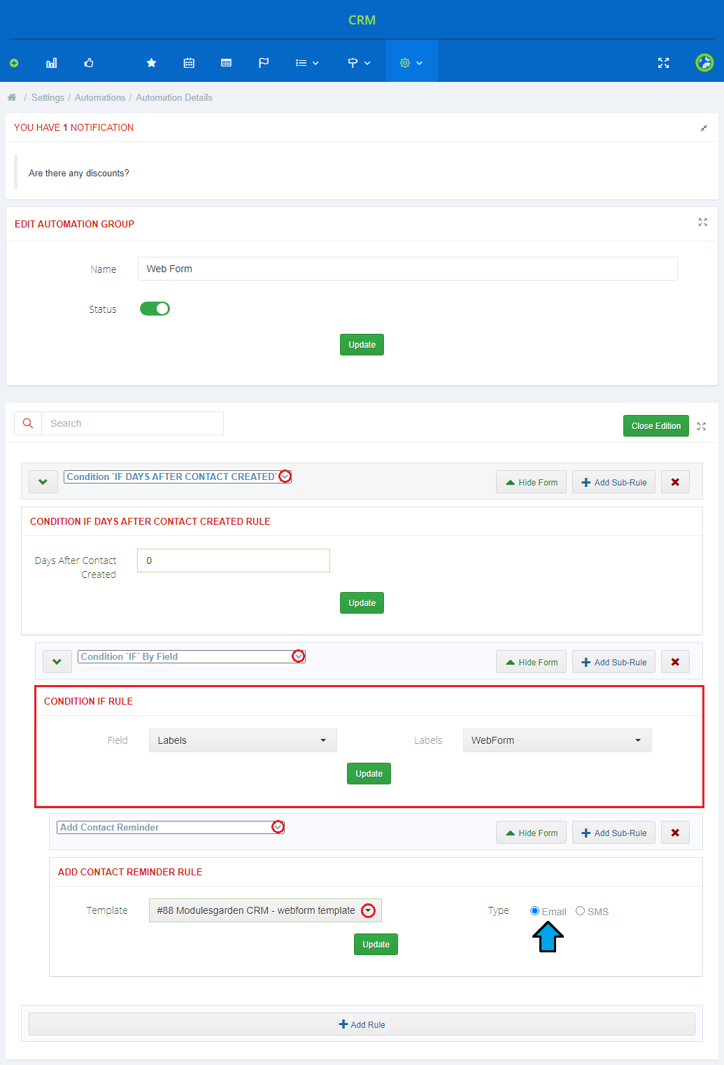 CRM For WHMCS: CRM automation group with days after contact created, label condition and contact reminder email rule