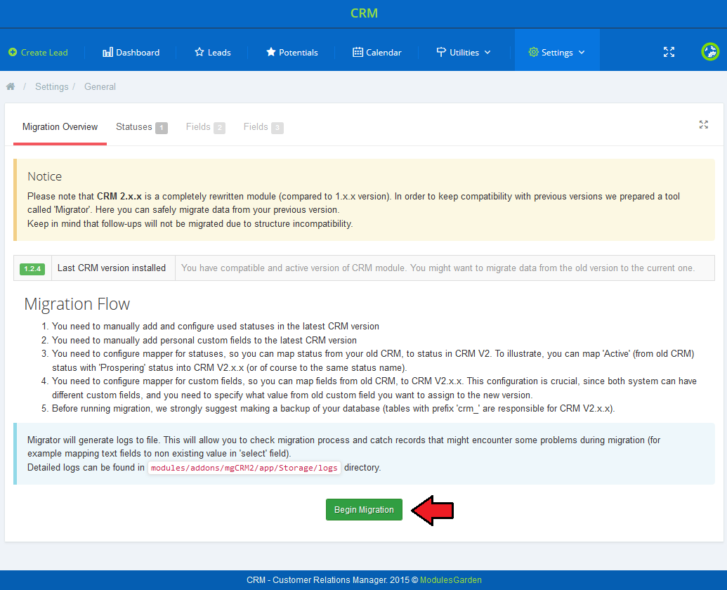 CRM For WHMCS: CRM migration overview page with the Migration Flow steps and Begin Migration button