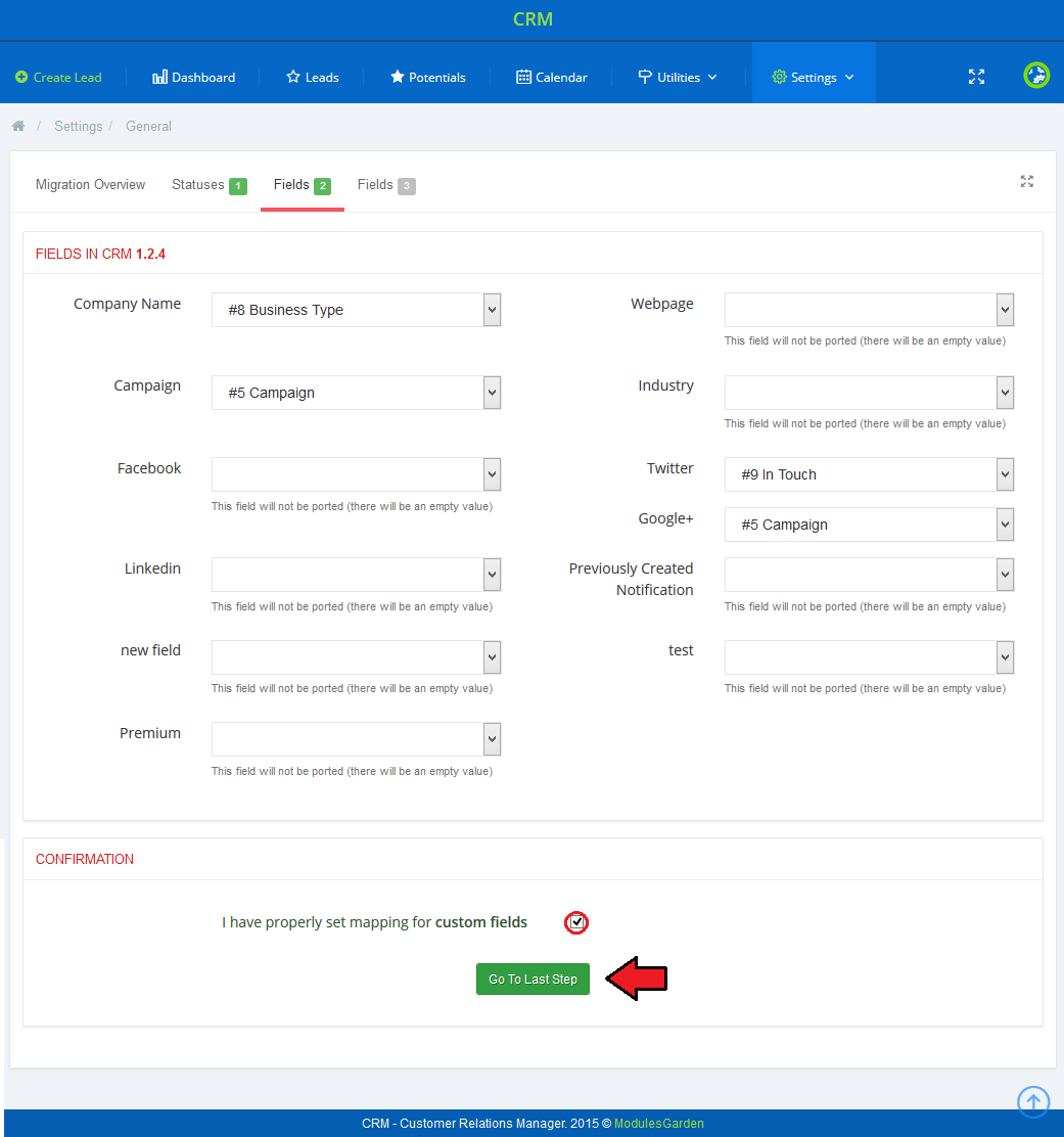 CRM For WHMCS: CRM migration Fields tab with custom field mapping and the Go To Last Step button