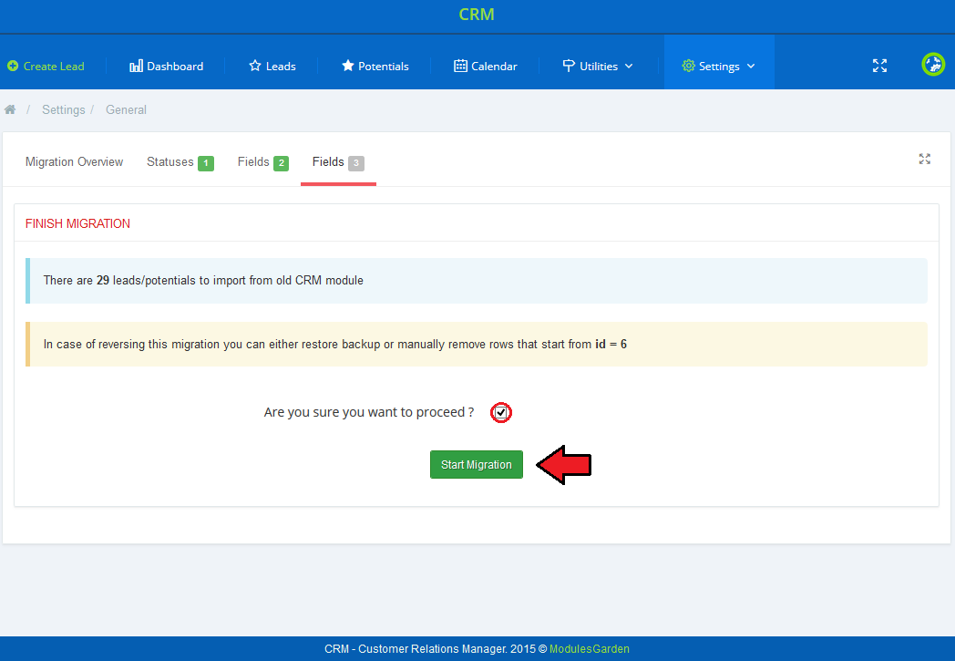 CRM For WHMCS: CRM migration final step with leads to import, confirmation checkbox and Start Migration button