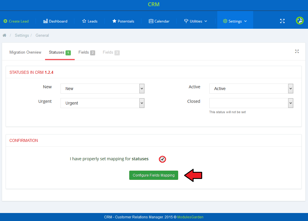CRM For WHMCS: CRM migration Statuses tab with status mapping and the Configure Fields Mapping button