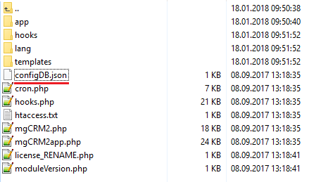 CRM For WHMCS: File manager listing of the CRM module directory with the configDB.json file underlined