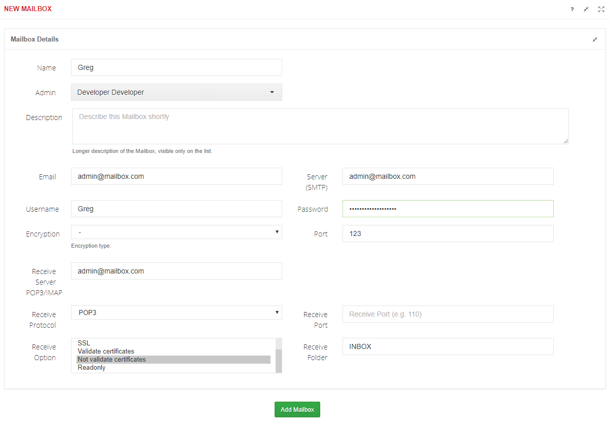 CRM For WHMCS: CRM New Mailbox form with name, email, SMTP, receive protocol and Add Mailbox button