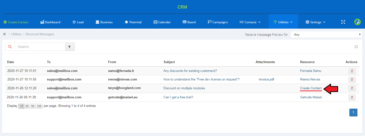 CRM For WHMCS: CRM Received Messages list with the Create Contact link for an unknown sender