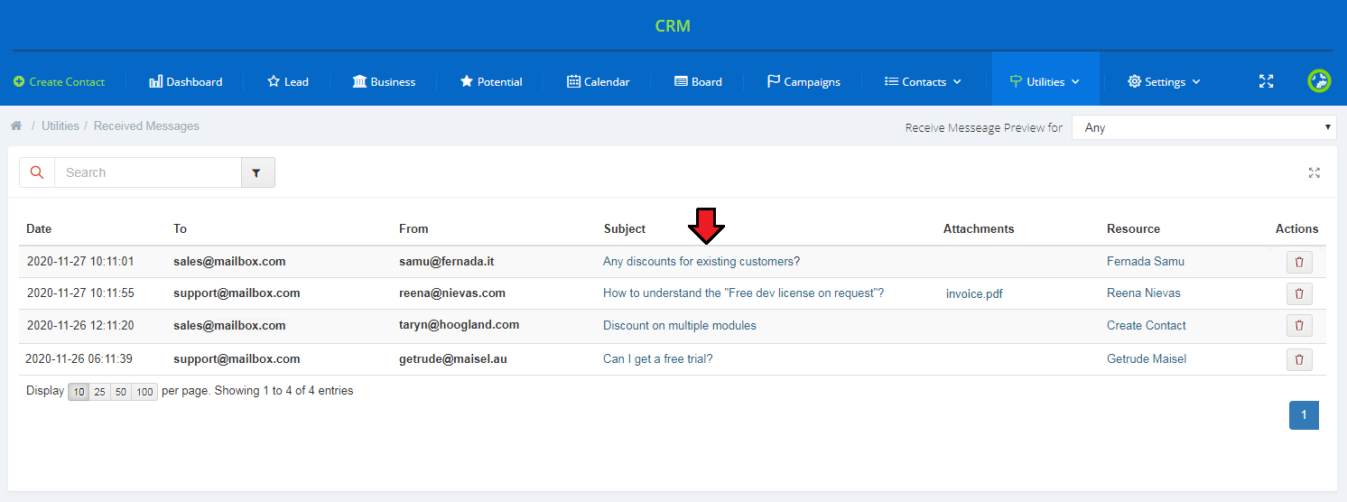 CRM For WHMCS: CRM Received Messages list with the message subject link highlighted