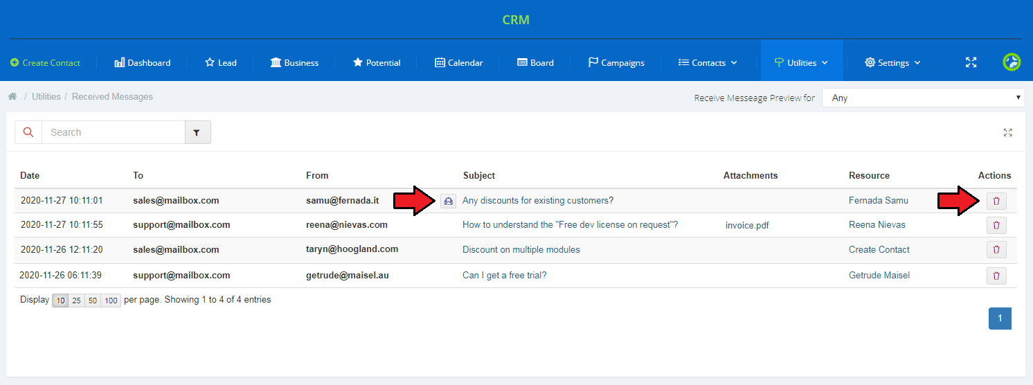 CRM For WHMCS: CRM Received Messages list with the reply button and the delete action button