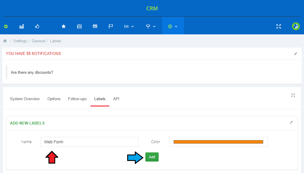 CRM For WHMCS: CRM Settings Labels tab with the Add New Labels form and the Web Form name