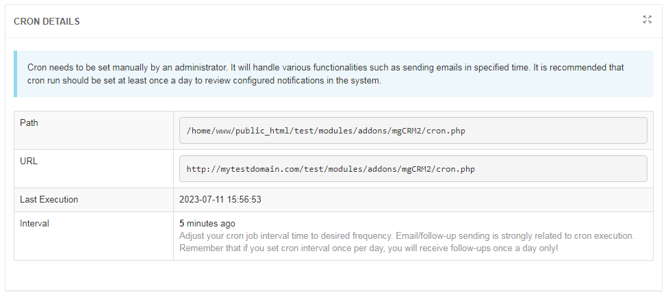 CRM For WHMCS: CRM cron details widget with the cron path, URL, last execution time and interval