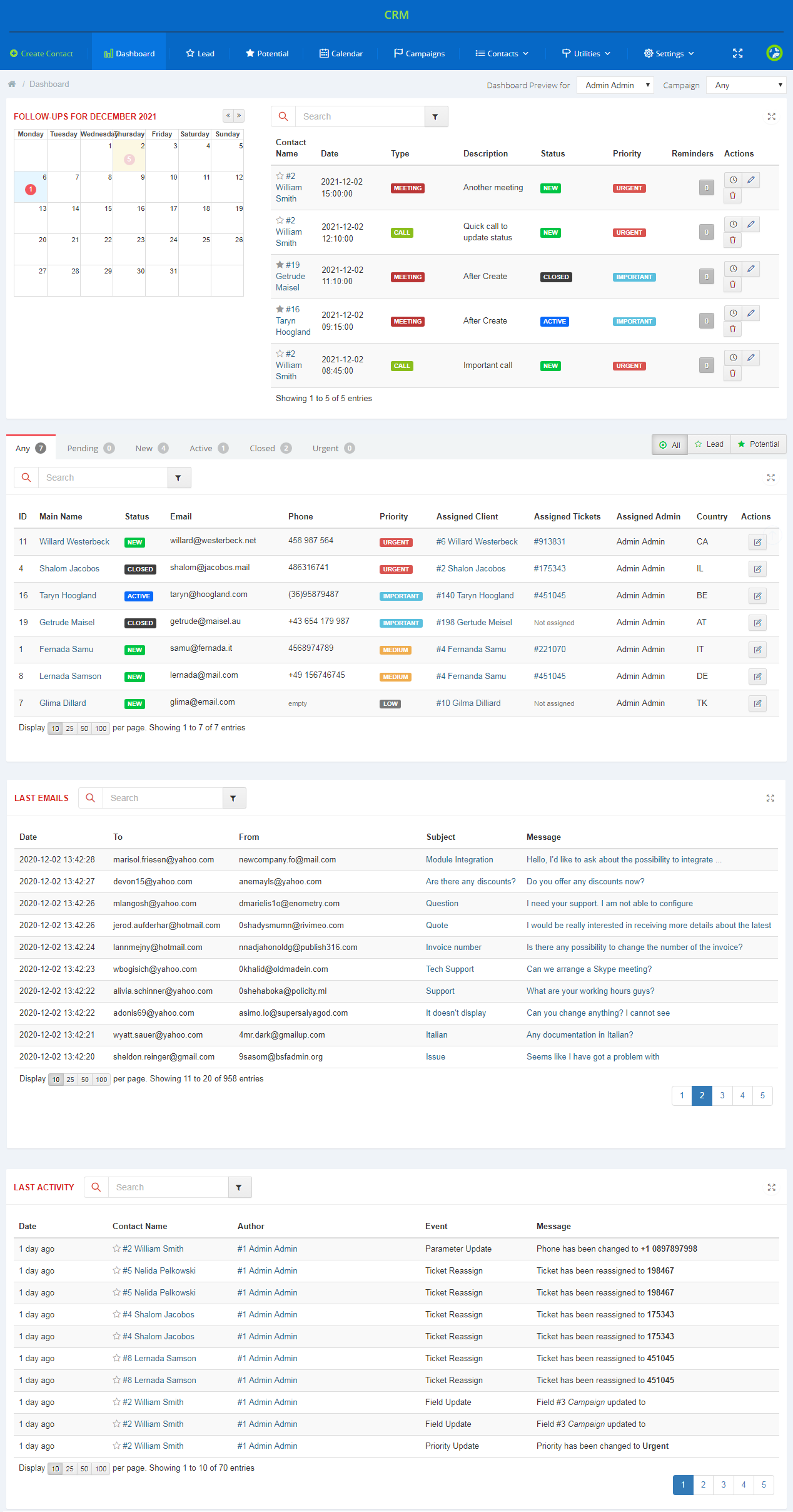 CRM For WHMCS: CRM dashboard with the follow-ups calendar, contacts list, last emails and last activity tables