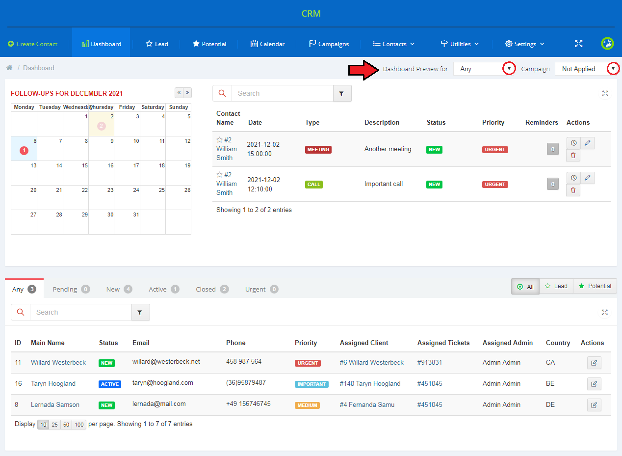 CRM For WHMCS: CRM dashboard with the Dashboard Preview for and Campaign filter drop-down lists highlighted