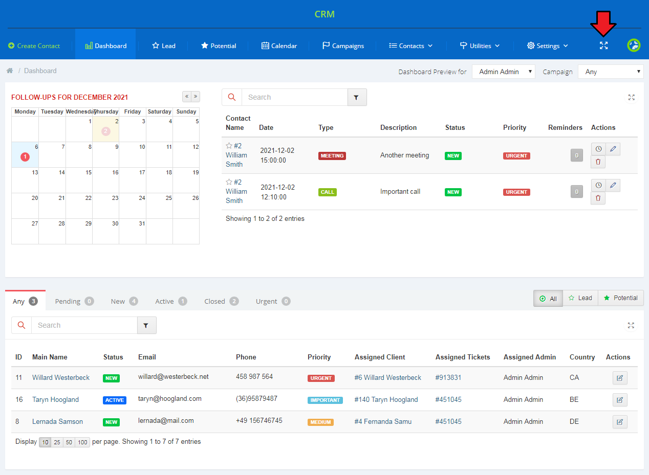 CRM For WHMCS: CRM dashboard with the full screen standalone mode icon highlighted in the top menu