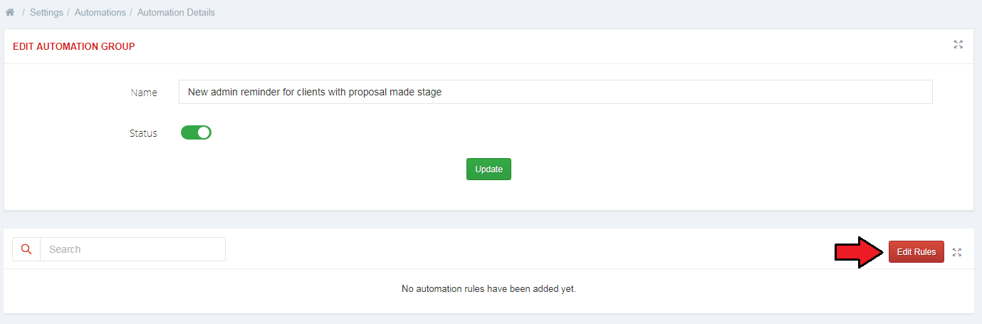 CRM For WHMCS: Edit Automation Group page with no rules added yet and the Edit Rules button highlighted
