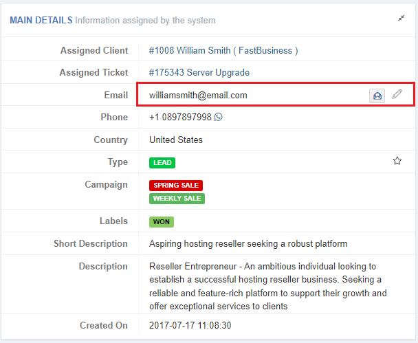 CRM For WHMCS: Main Details widget with the Email row highlighted and the edit icon next to the address