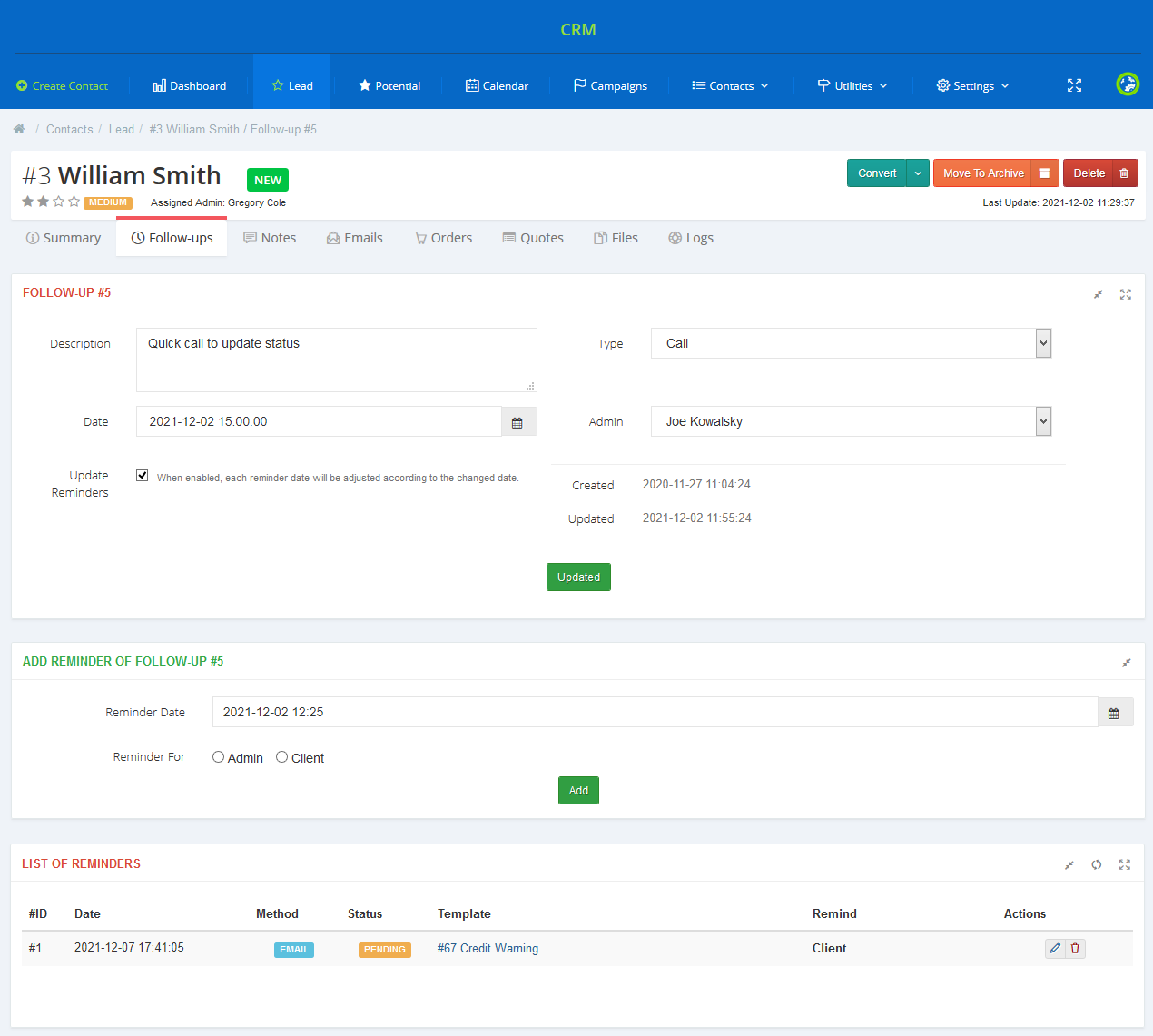 CRM For WHMCS: follow-up edit page with description, type, date and admin fields, add reminder form and reminders list