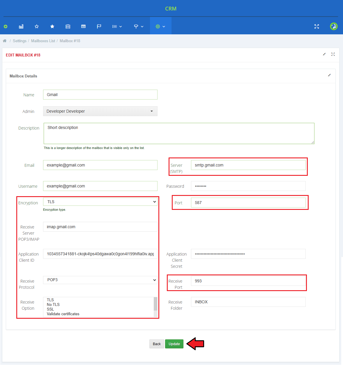 CRM For WHMCS: Edit Mailbox form with Gmail SMTP and IMAP server, port and encryption values