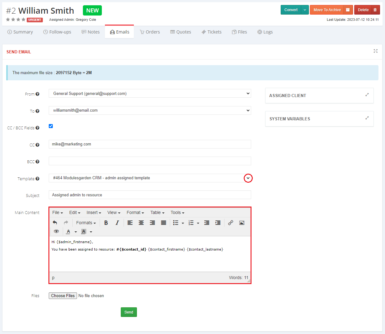 CRM For WHMCS: Send Email form with the Template list expanded to pick an email template and a main content editor