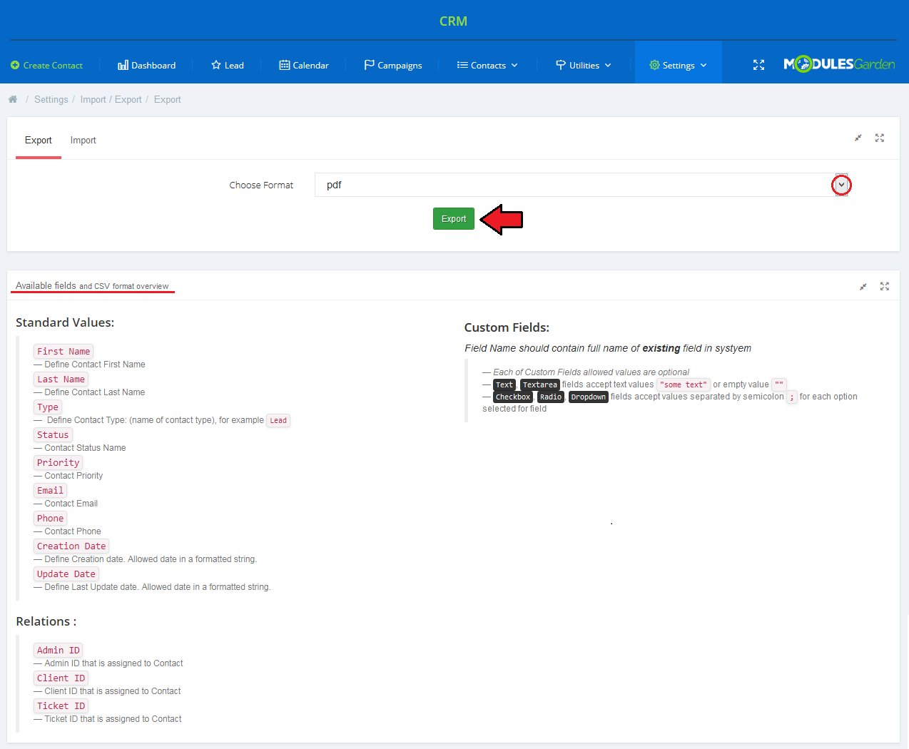 CRM For WHMCS: Settings Import/Export Export tab with the format list, Export button and the available fields overview