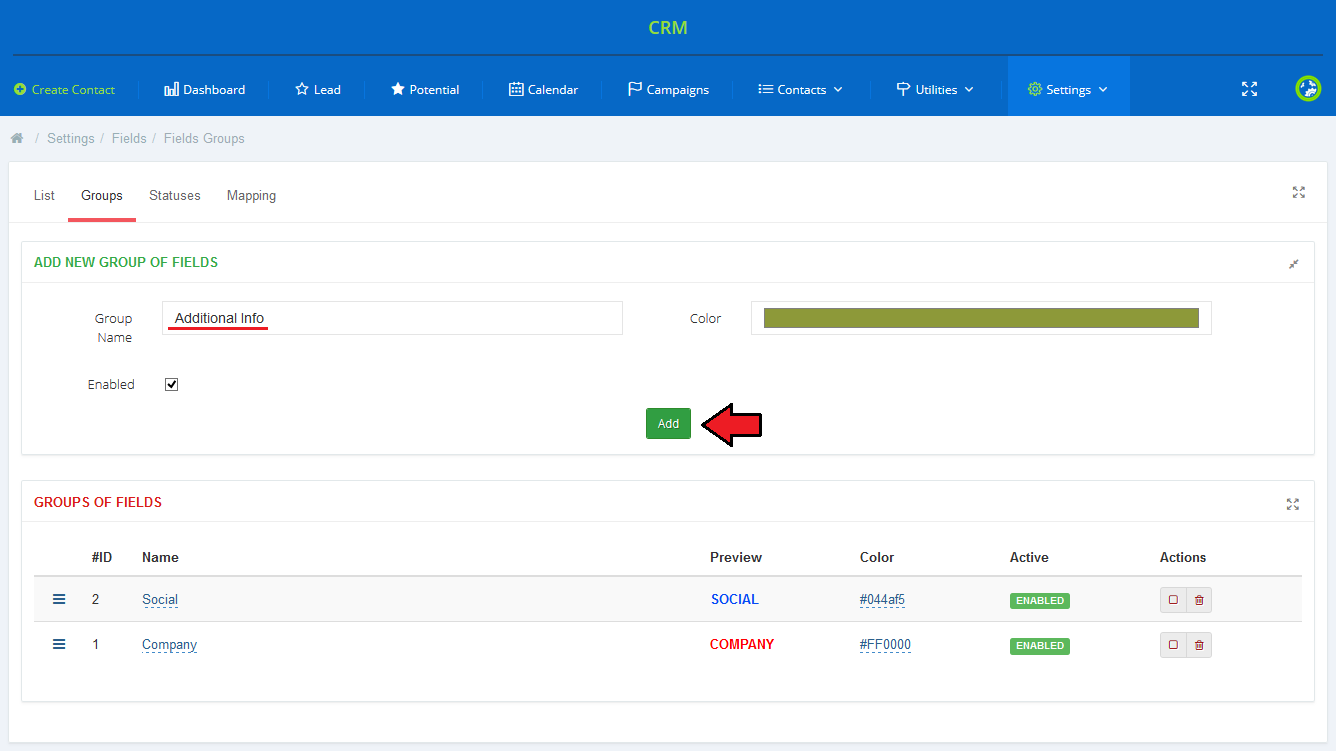 CRM For WHMCS: Fields Groups tab with the Add New Group Of Fields form and the groups table