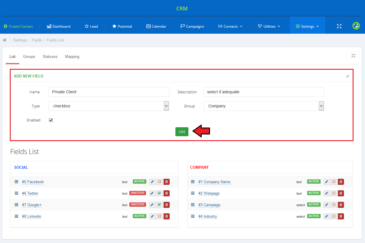 CRM For WHMCS: Fields List tab with the Add New Field form and the lists of social and company fields