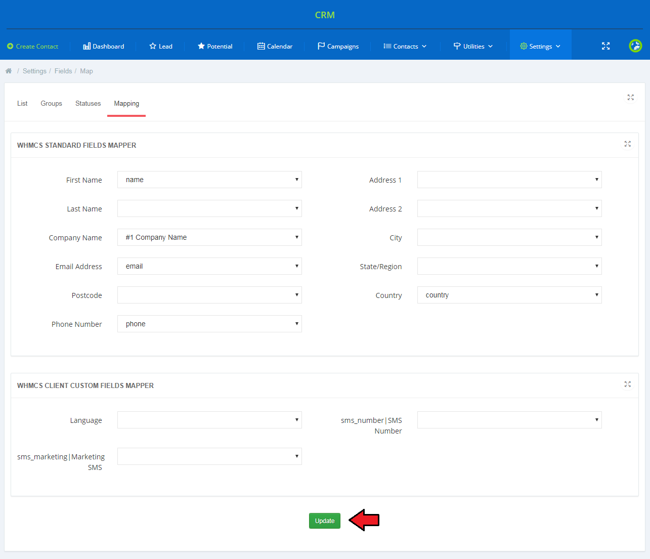 CRM For WHMCS: WHMCS standard and custom fields mapper in the Fields Mapping tab with the Update button