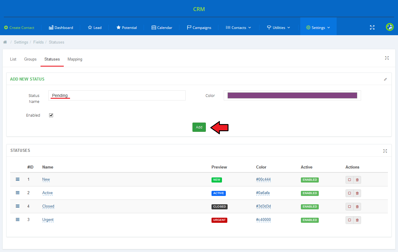 CRM For WHMCS: Fields Statuses tab with the Add New Status form and the statuses table